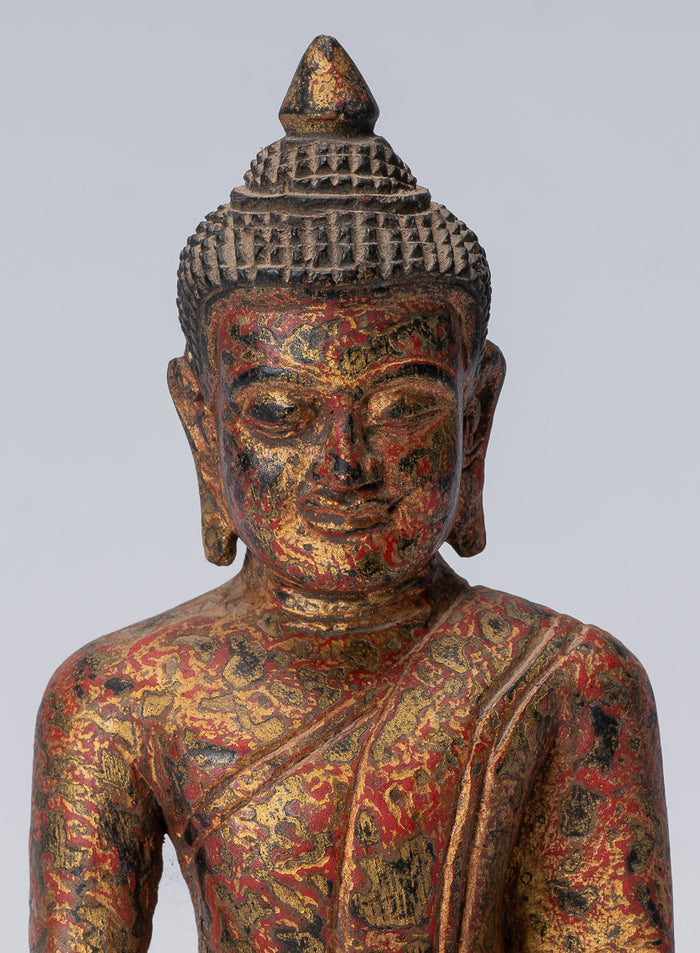 Buddha Statue - Antique Khmer Style SE Asia Seated Wood Enlightenment Buddha Statue - 21cm/8"