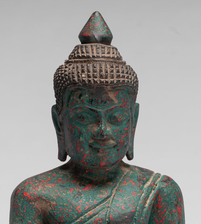 Buddha Statue - Antique Khmer Style SE Asia Seated Wood Enlightenment Buddha Statue - 21cm/8"