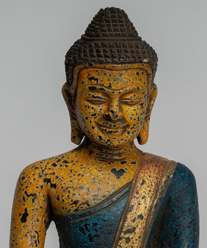 Buddha Statue - Antique Khmer Style SE Asia Seated Wood Enlightenment Buddha Statue - 19cm/8"