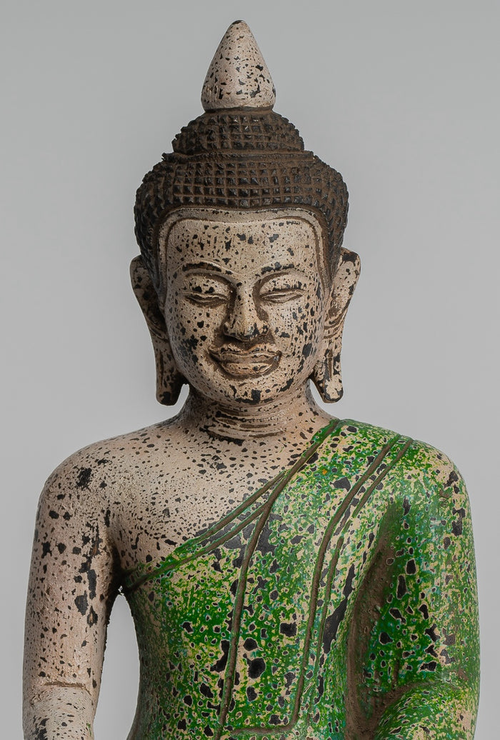 Buddha Statue - Antique Khmer Style SE Asia Seated Wood Enlightenment Buddha Statue - 27cm/11"
