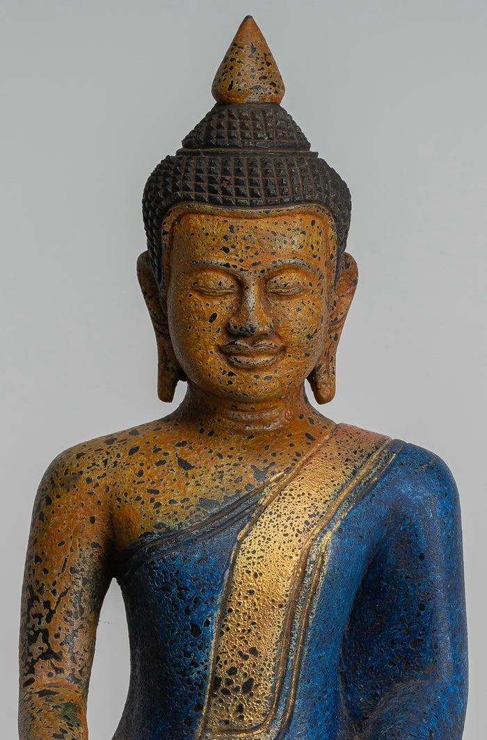 Buddha Statue - Antique Khmer Style SE Asia Seated Wood Enlightenment Buddha Statue - 27cm/11"