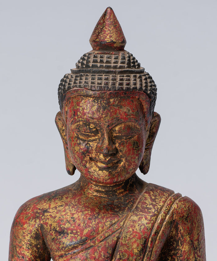 Buddha Statue - Antique Khmer Style SE Asia Seated Wood Enlightenment Buddha Statue - 21cm/8"