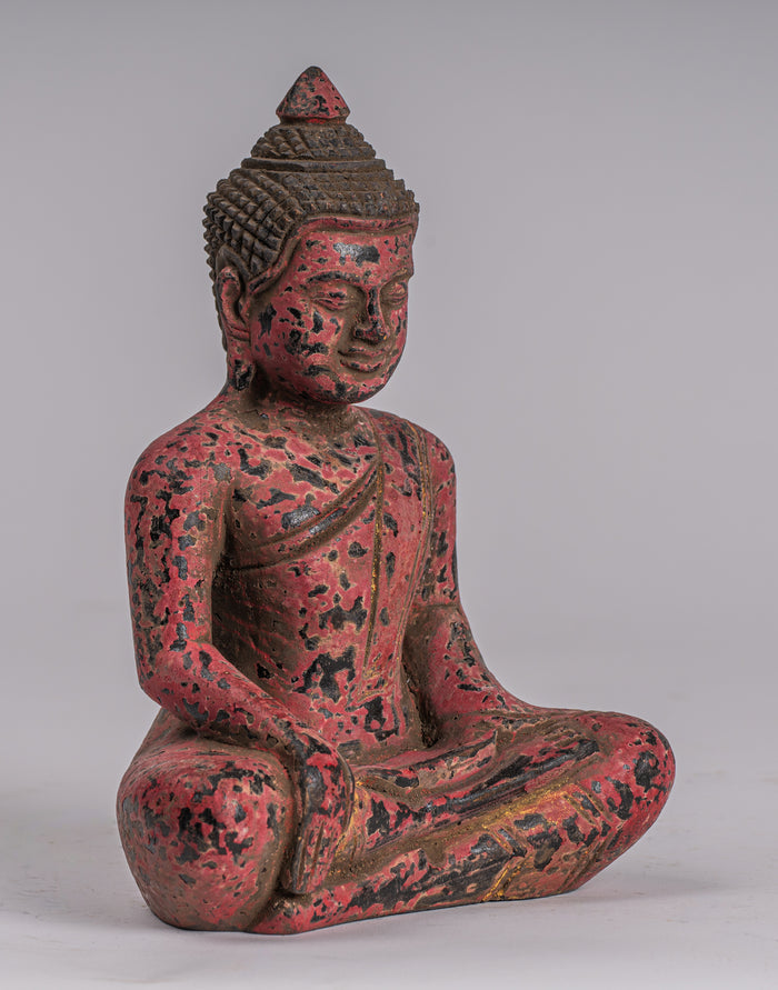 Buddha Statue - Antique Khmer Style SE Asia Seated Wood Enlightenment Buddha Statue - 21cm/8"