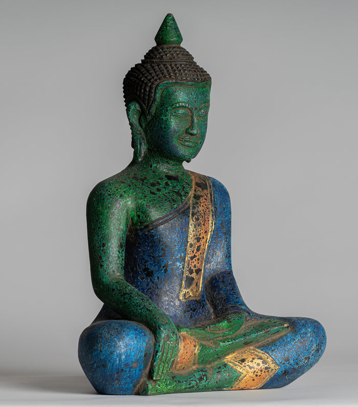 Buddha Statue - Antique Khmer Style SE Asia Seated Wood Enlightenment Buddha Statue - 27cm/11"