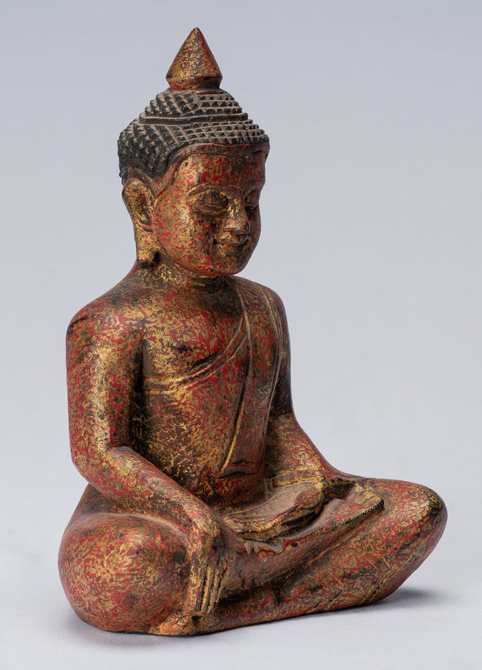 Buddha Statue - Antique Khmer Style SE Asia Seated Wood Enlightenment Buddha Statue - 21cm/8"
