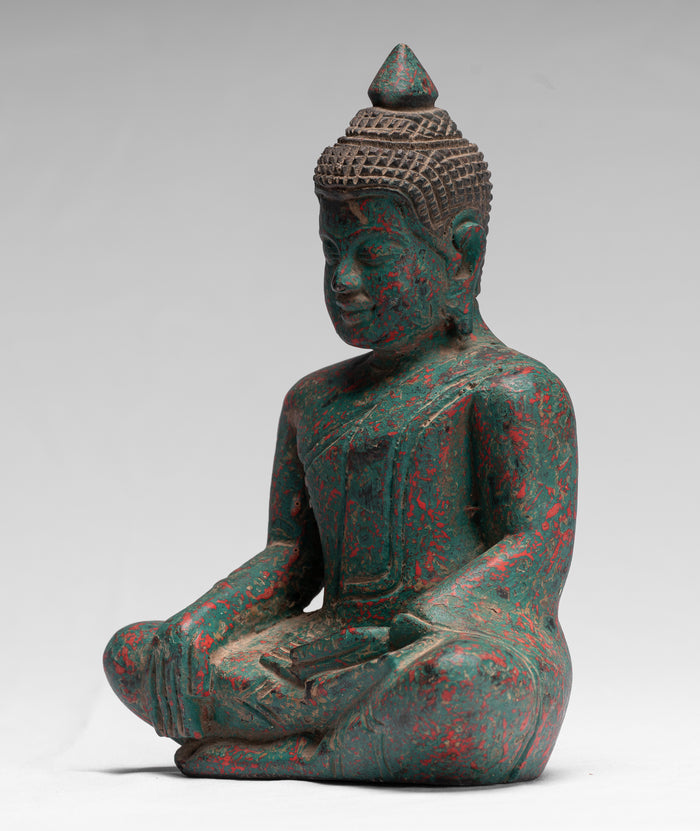 Buddha Statue - Antique Khmer Style SE Asia Seated Wood Enlightenment Buddha Statue - 21cm/8"