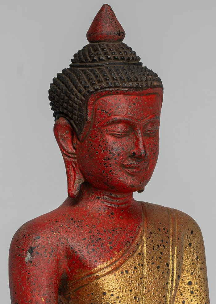 Buddha Statue - Antique Khmer Style SE Asia Seated Wood Enlightenment Buddha Statue - 27cm/11"
