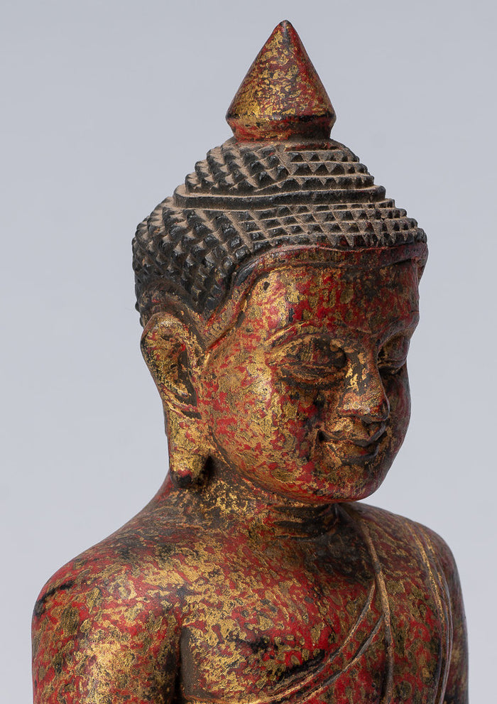 Buddha Statue - Antique Khmer Style SE Asia Seated Wood Enlightenment Buddha Statue - 21cm/8"