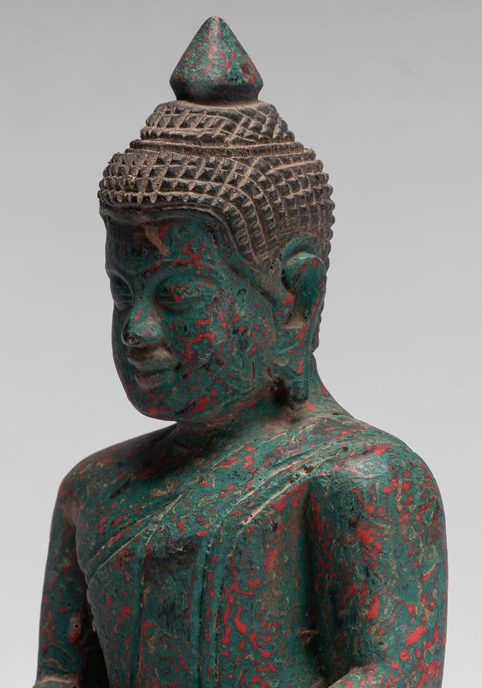Buddha Statue - Antique Khmer Style SE Asia Seated Wood Enlightenment Buddha Statue - 21cm/8"