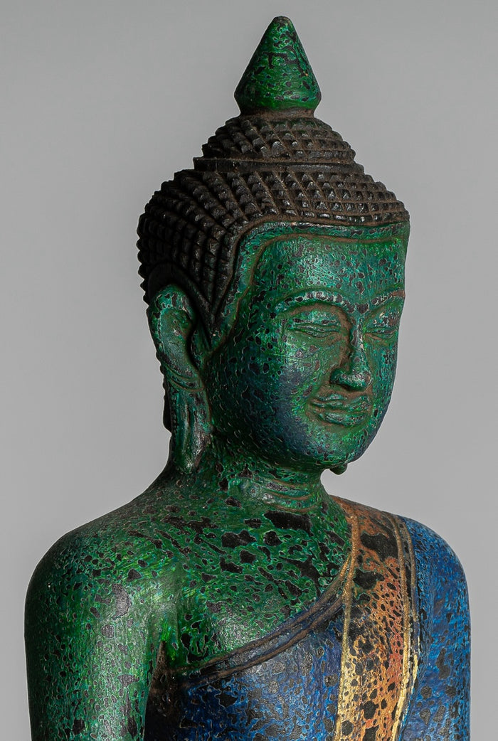 Buddha Statue - Antique Khmer Style SE Asia Seated Wood Enlightenment Buddha Statue - 27cm/11"