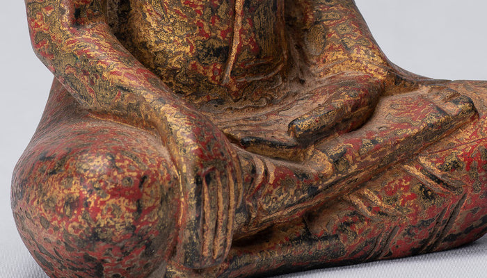 Buddha Statue - Antique Khmer Style SE Asia Seated Wood Enlightenment Buddha Statue - 21cm/8"