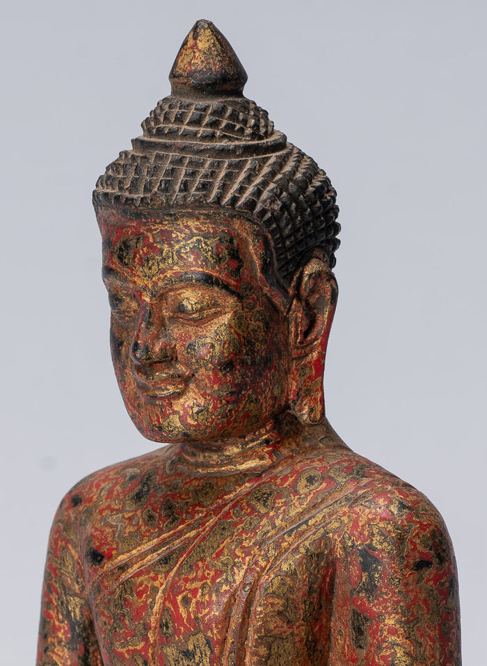 Buddha Statue - Antique Khmer Style SE Asia Seated Wood Enlightenment Buddha Statue - 21cm/8"