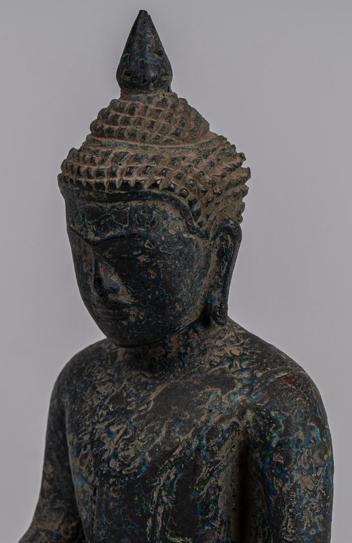 Buddha Statue - Antique Khmer Style SE Asia Seated Wood Enlightenment Buddha Statue - 21cm/8"