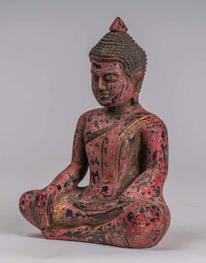 Buddha Statue - Antique Khmer Style SE Asia Seated Wood Enlightenment Buddha Statue - 21cm/8"