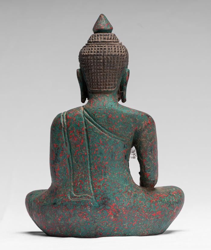 Buddha Statue - Antique Khmer Style SE Asia Seated Wood Enlightenment Buddha Statue - 21cm/8"