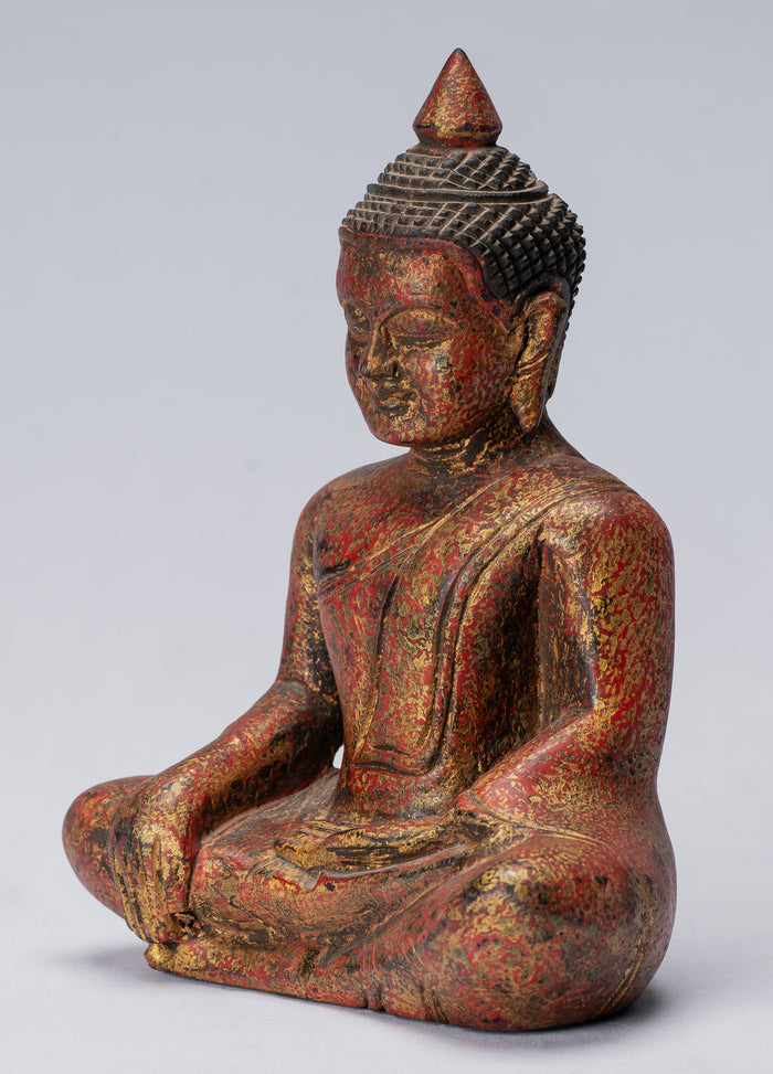 Buddha Statue - Antique Khmer Style SE Asia Seated Wood Enlightenment Buddha Statue - 21cm/8"