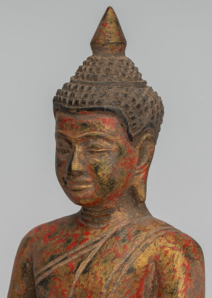 Buddha Statue - Antique Khmer Style SE Asia Seated Wood Enlightenment Buddha Statue - 21cm/8"