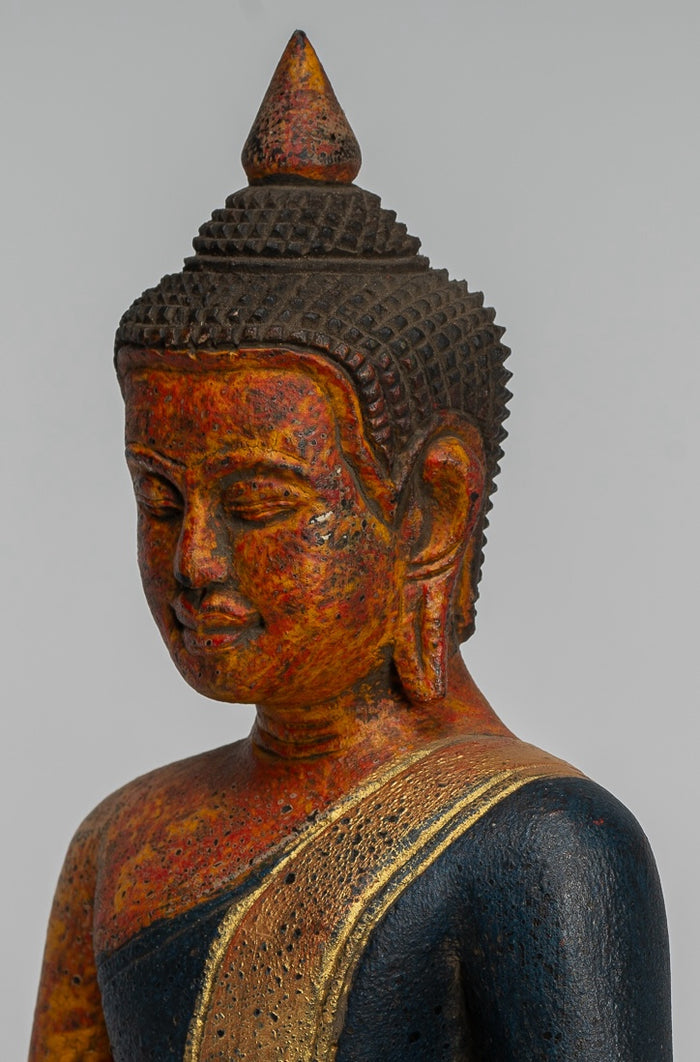 Buddha Statue - Antique Khmer Style SE Asia Seated Wood Enlightenment Buddha Statue - 27cm/11"