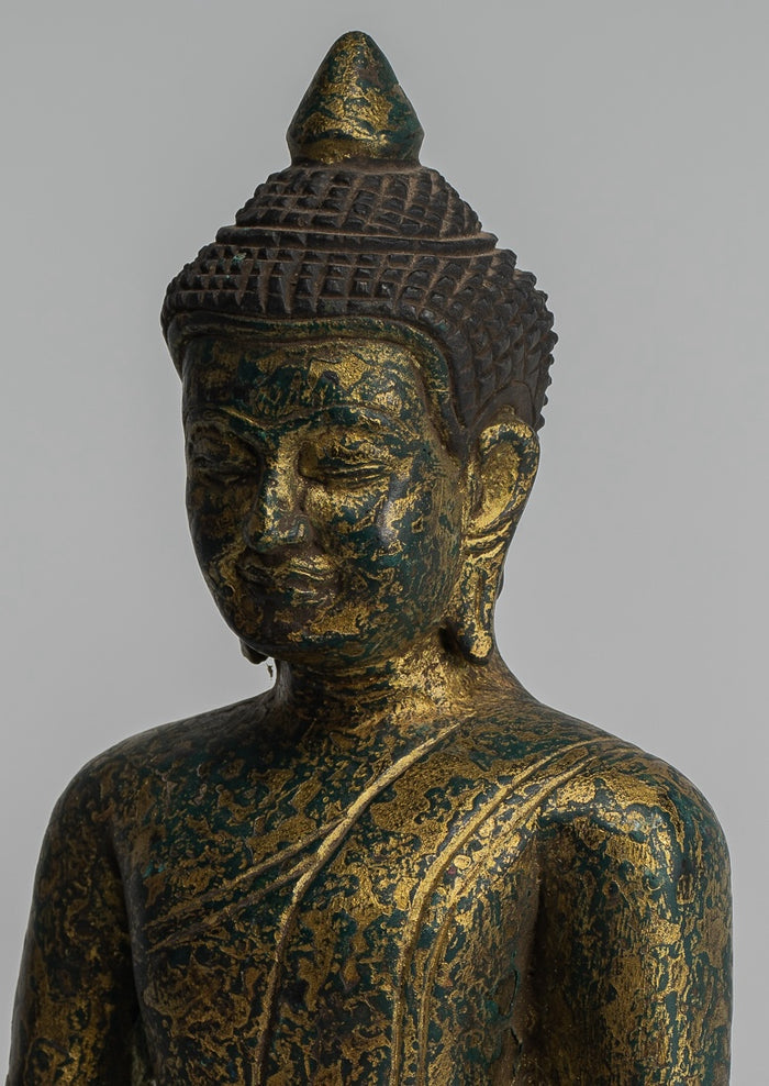Buddha Statue - Antique Khmer Style SE Asia Seated Wood Enlightenment Buddha Statue - 27cm/11"