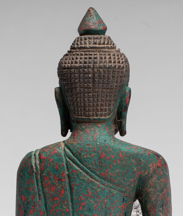 Buddha Statue - Antique Khmer Style SE Asia Seated Wood Enlightenment Buddha Statue - 21cm/8"