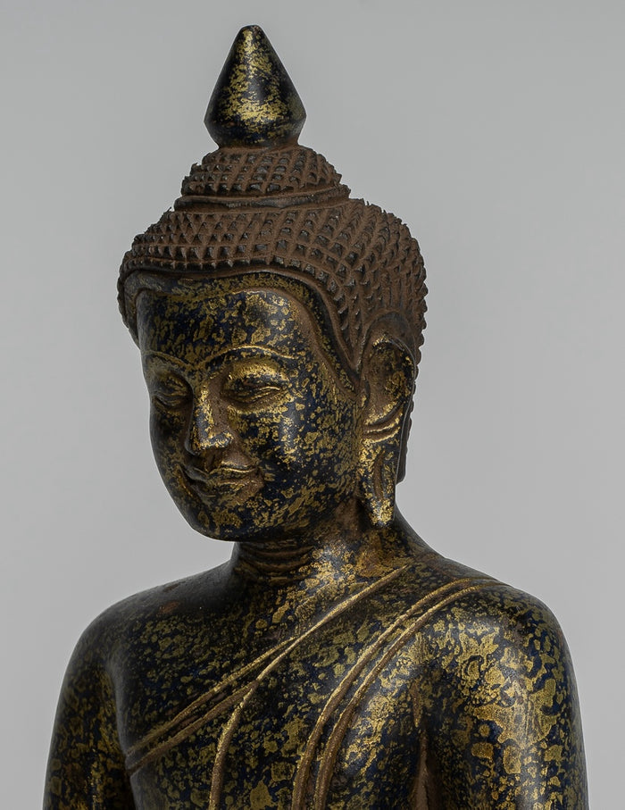 Buddha Statue - Antique Khmer Style SE Asia Seated Wood Enlightenment Buddha Statue - 27cm/11"