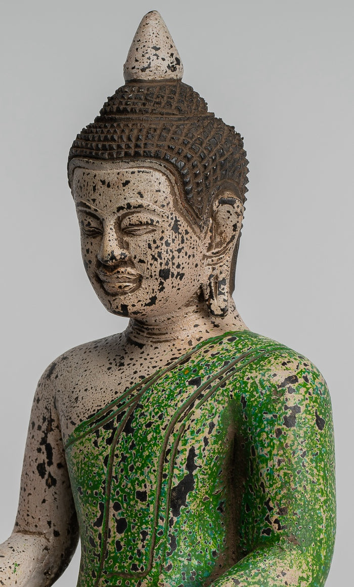 Buddha Statue - Antique Khmer Style SE Asia Seated Wood Enlightenment Buddha Statue - 27cm/11"