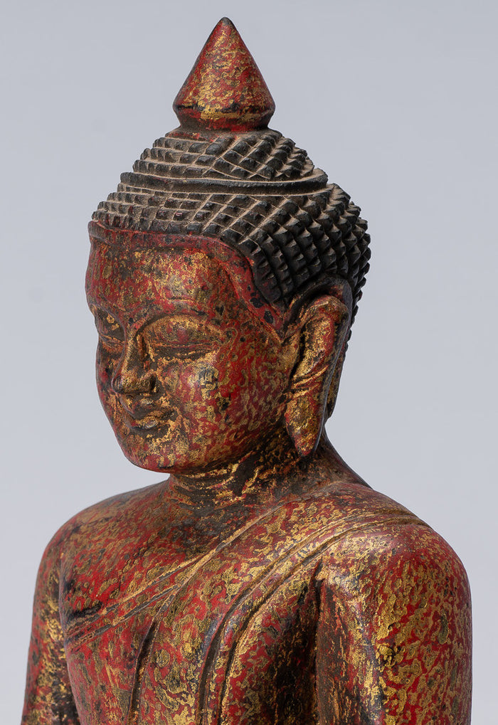Buddha Statue - Antique Khmer Style SE Asia Seated Wood Enlightenment Buddha Statue - 21cm/8"