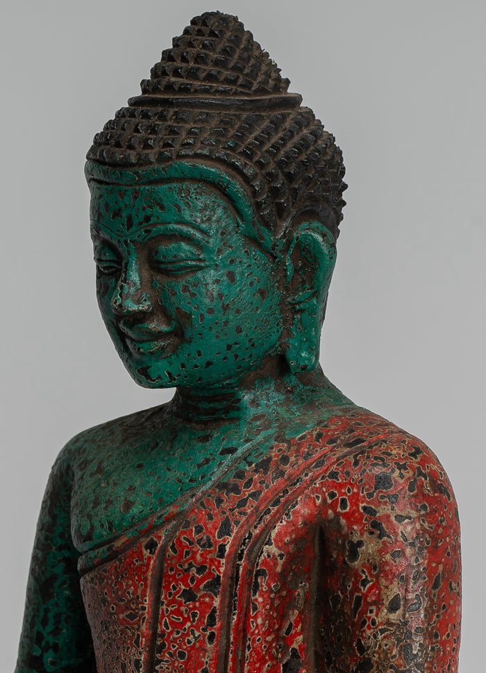 Buddha Statue - Antique Khmer Style SE Asia Seated Wood Enlightenment Buddha Statue - 19cm/8"