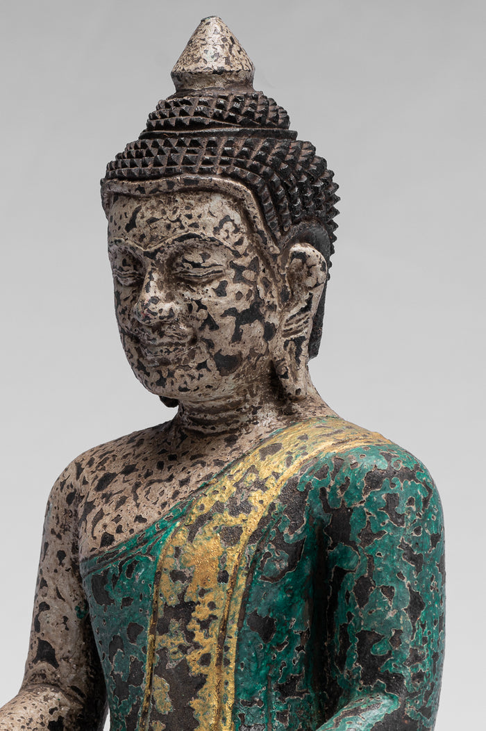 Buddha Statue - Antique Khmer Style SE Asia Seated Wood Enlightenment Buddha Statue - 25cm/10"