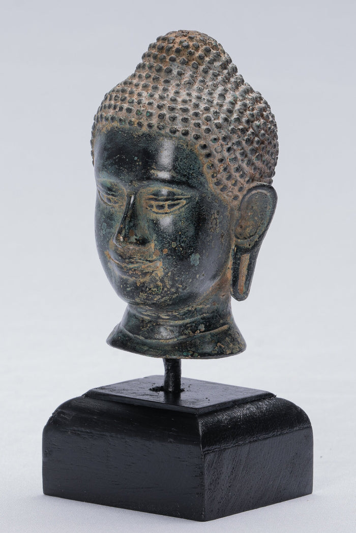Buddha Statue - Antique Thai Style Mounted Bronze Buddha Head Statue - 15.5cm/6"