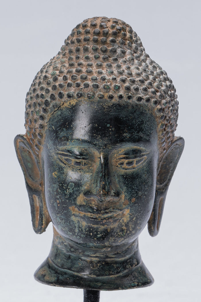 Buddha Statue - Antique Thai Style Mounted Bronze Buddha Head Statue - 15.5cm/6"
