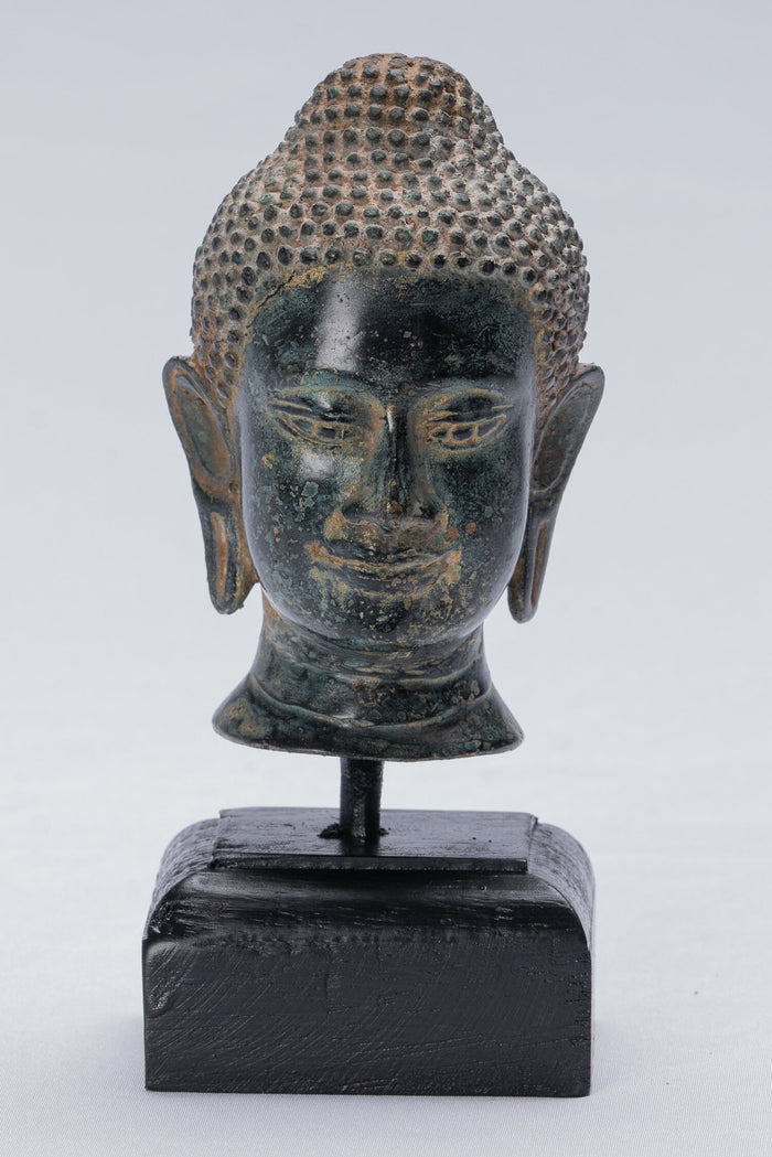 Buddha Statue - Antique Thai Style Mounted Bronze Buddha Head Statue - 15.5cm/6"