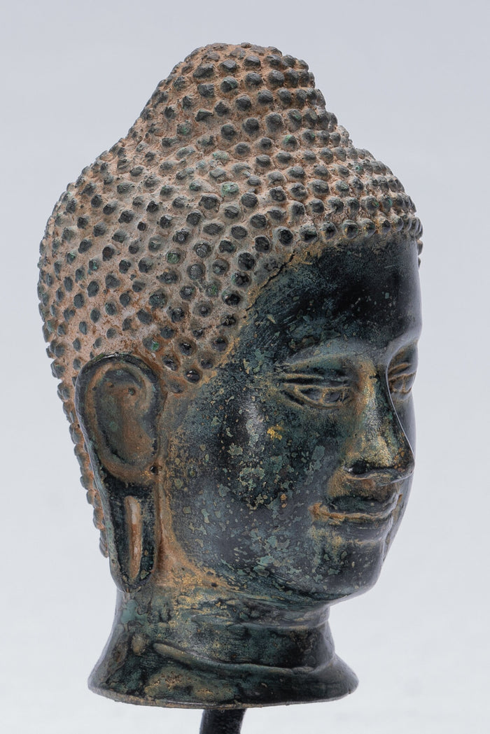 Buddha Statue - Antique Thai Style Mounted Bronze Buddha Head Statue - 15.5cm/6"