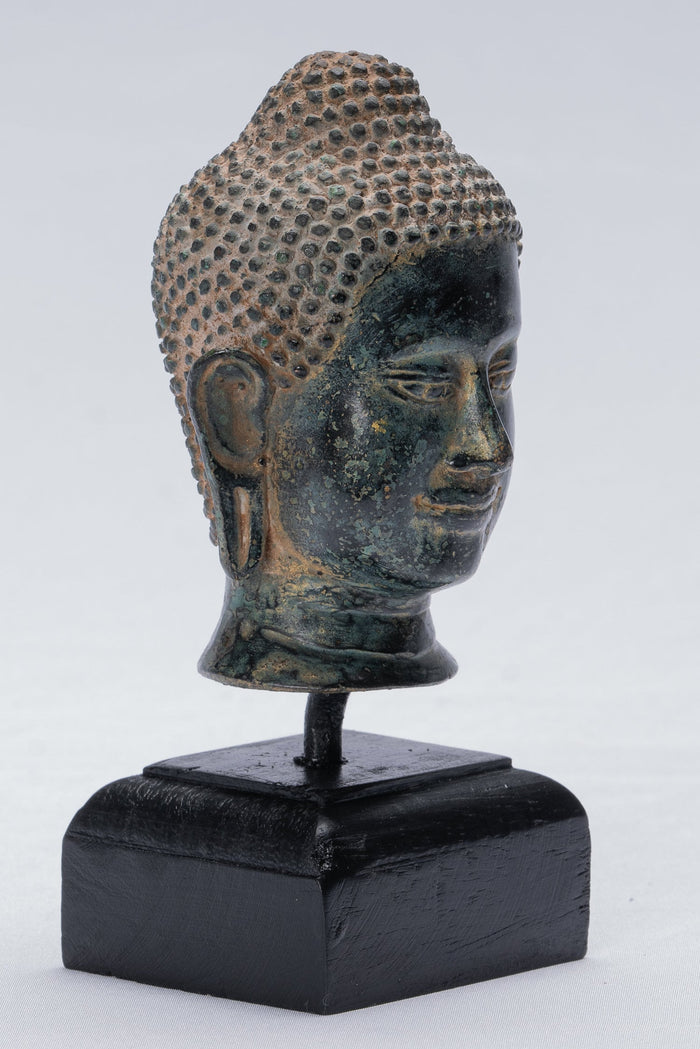 Buddha Statue - Antique Thai Style Mounted Bronze Buddha Head Statue - 15.5cm/6"