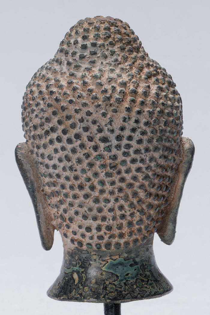 Buddha Statue - Antique Thai Style Mounted Bronze Buddha Head Statue - 15.5cm/6"