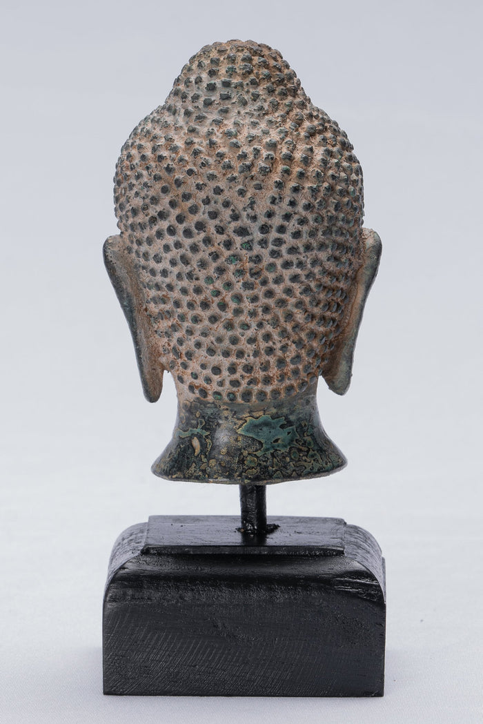 Buddha Statue - Antique Thai Style Mounted Bronze Buddha Head Statue - 15.5cm/6"