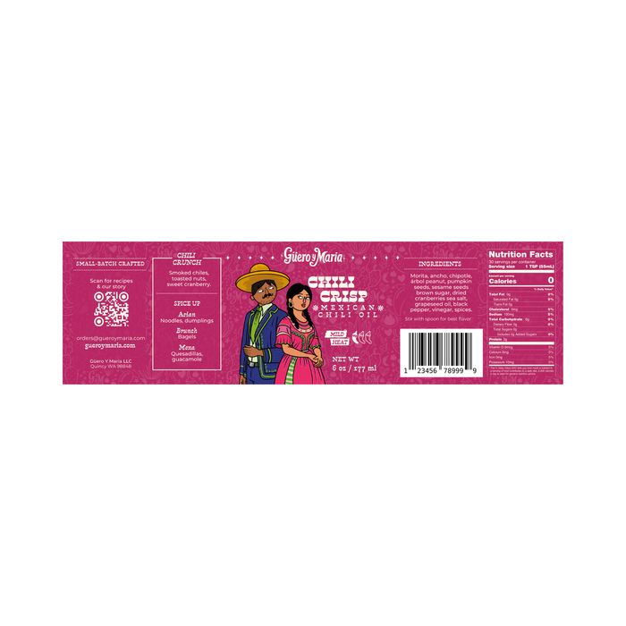 Label design for Guero y Maria Chili Crisp 6oz jar featuring red illustrated artwork, ingredients, and branding