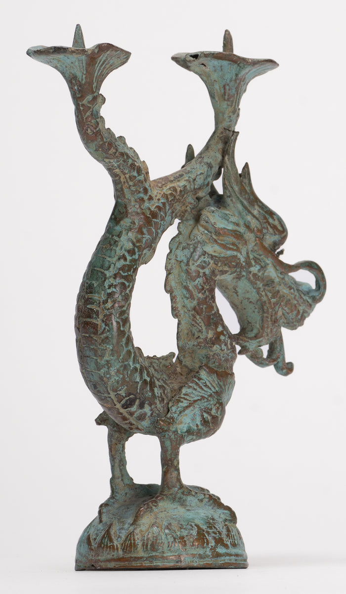 Antique Chinese Style Bronze Dragon Candle Holder - 17.5cm/7"