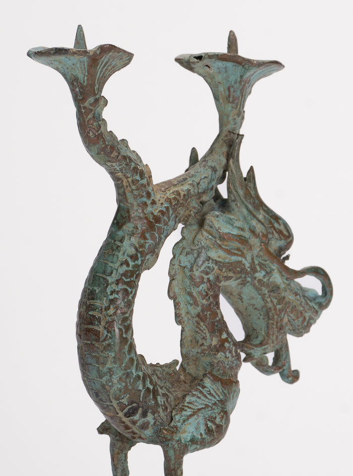 Antique Chinese Style Bronze Dragon Candle Holder - 17.5cm/7"