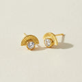 Gold-tone stud earrings with radiant fan design and clear round crystal centers
