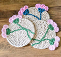 Crochet Flower (w/ Stem) Coaster Set - Handmade Cotton Drink Coasters