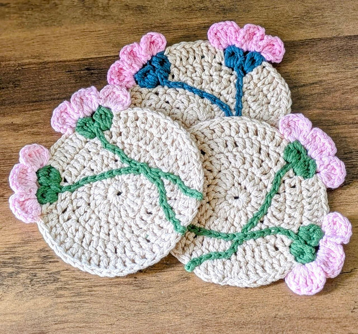 Crochet Flower (w/ Stem) Coaster Set - Handmade Cotton Drink Coasters