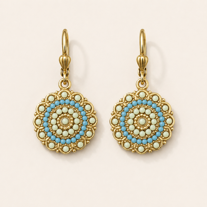 Gold-tone Dahlia drop earrings with blue and white beaded floral medallion