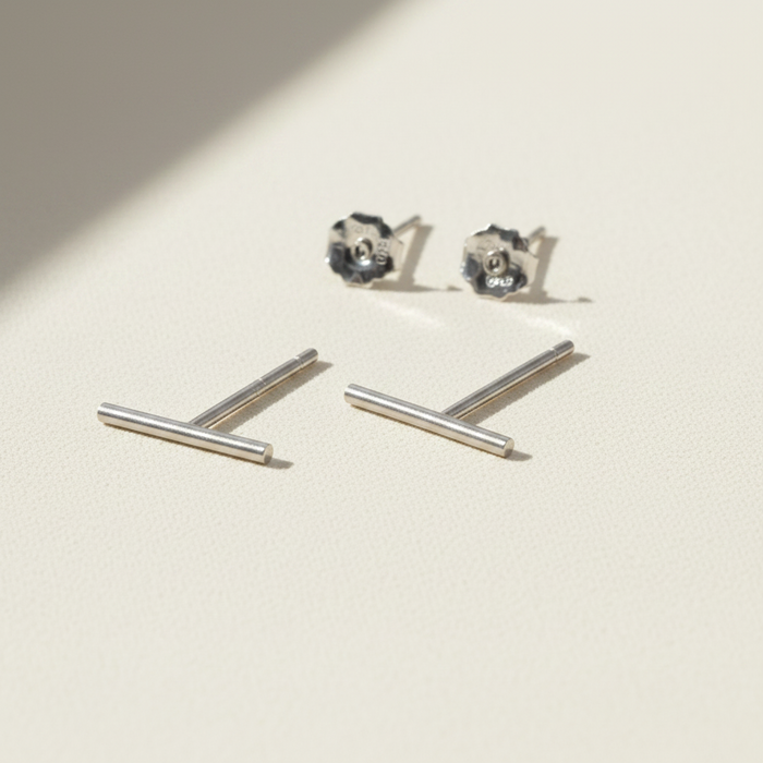Silver bar stud earrings, straight horizontal bars with butterfly backs