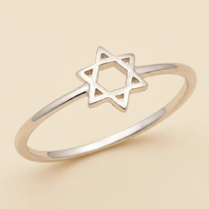 Silver-tone ring with small Star of David charm on open band