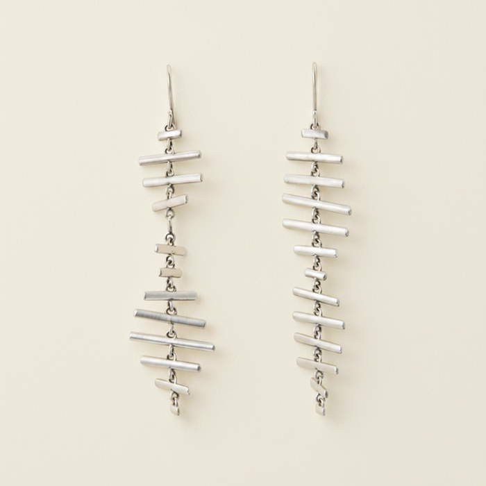 DNA-inspired dangling earrings with stacked bar charms, silver-tone metal, hook drop