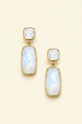 Gold-tone double drop earrings with square and rectangular iridescent opal stones