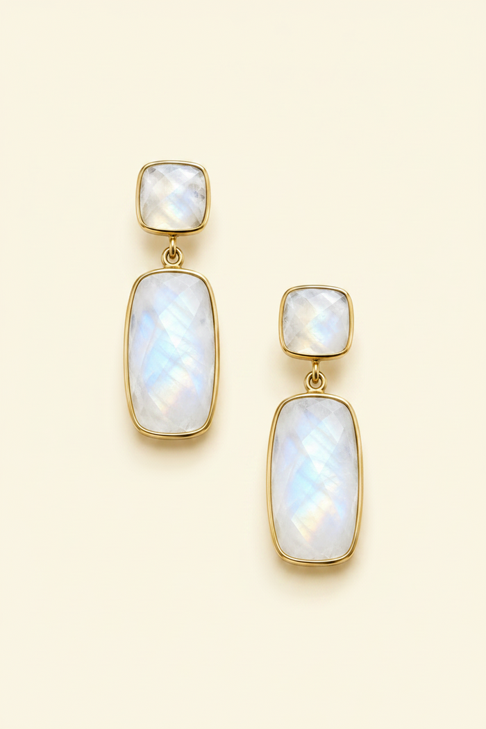Gold-tone double drop earrings with square and rectangular iridescent opal stones