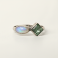 Double stone stacking ring with iridescent oval and green square gemstone on silver