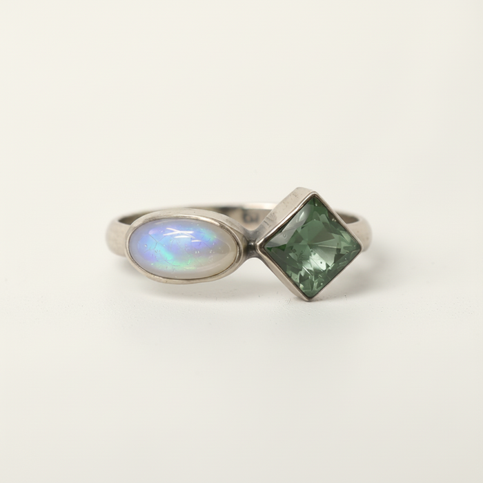 Double stone stacking ring with iridescent oval and green square gemstone on silver